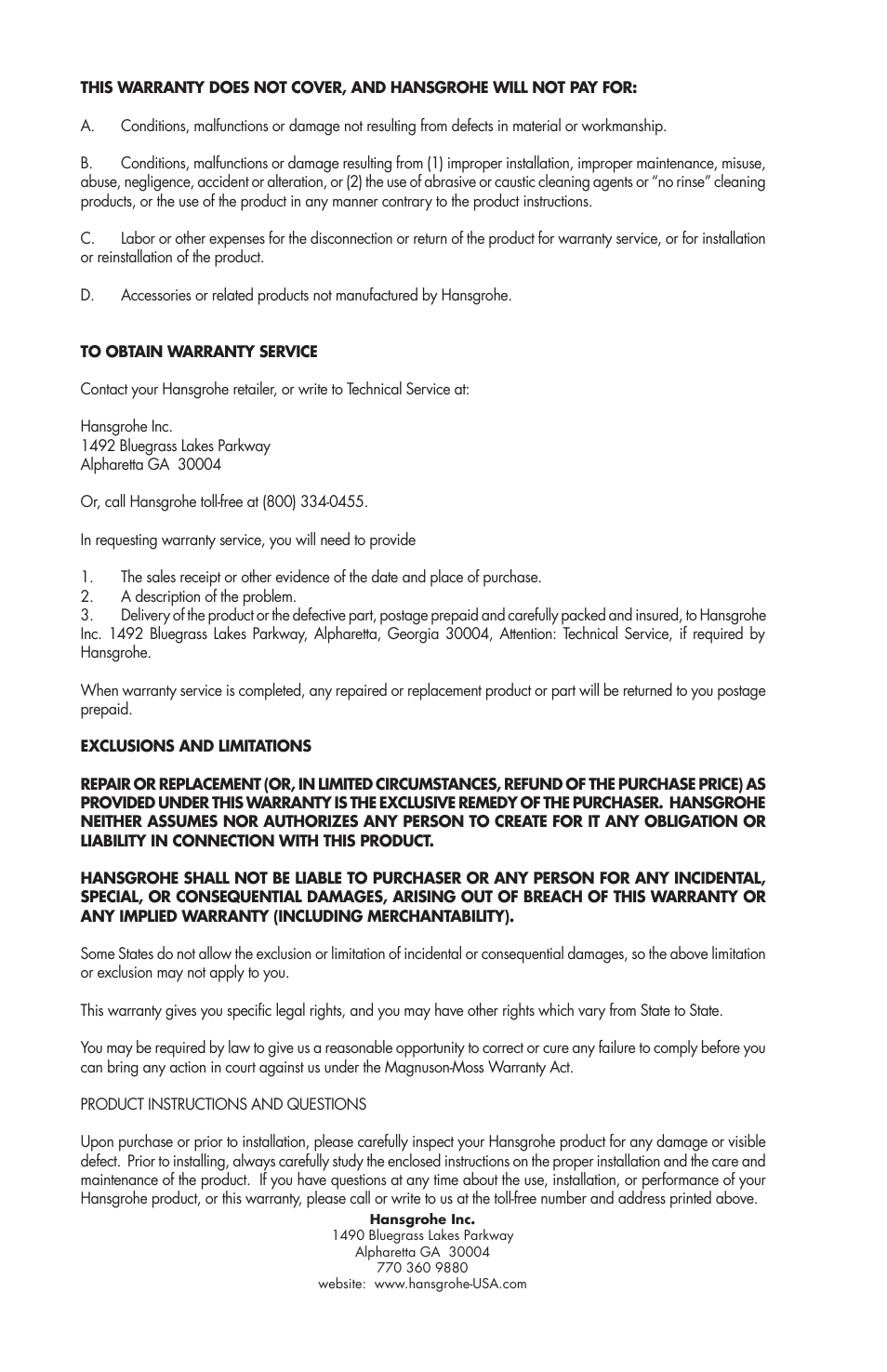 Factory Direct Hardware Hansgrohe 39144 User Manual | Page 8 / 8