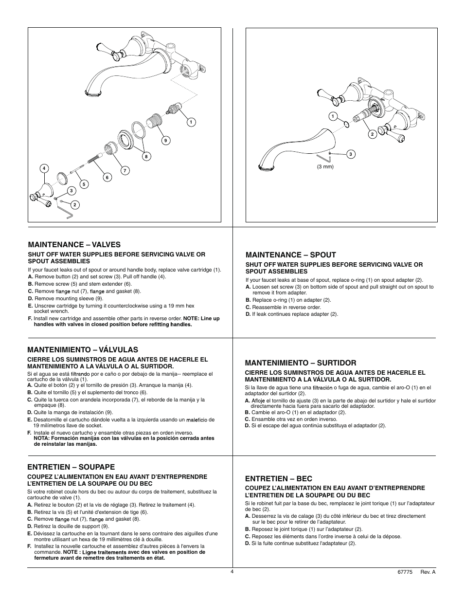 Maintenance – valves, Maintenance – spout, Mantenimiento – válvulas | Mantenimiento – surtidor, Entretien – soupape, Entretien – bec | Factory Direct Hardware Delta 3597LF-WL User Manual | Page 4 / 8