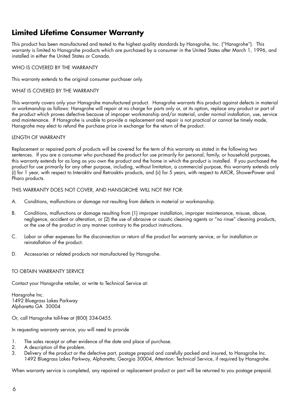 Limited lifetime consumer warranty | Factory Direct Hardware Hansgrohe 06438 User Manual | Page 6 / 8