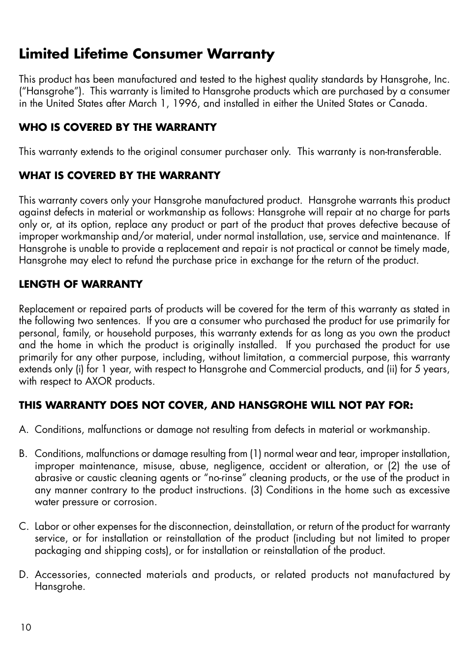 Limited lifetime consumer warranty | Factory Direct Hardware Hansgrohe 39116 User Manual | Page 10 / 12