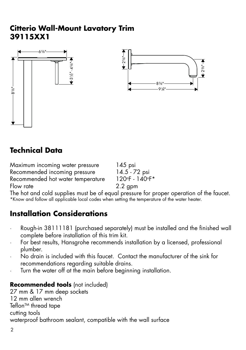 Technical data, Installation considerations | Factory Direct Hardware Hansgrohe 39116 User Manual | Page 2 / 12
