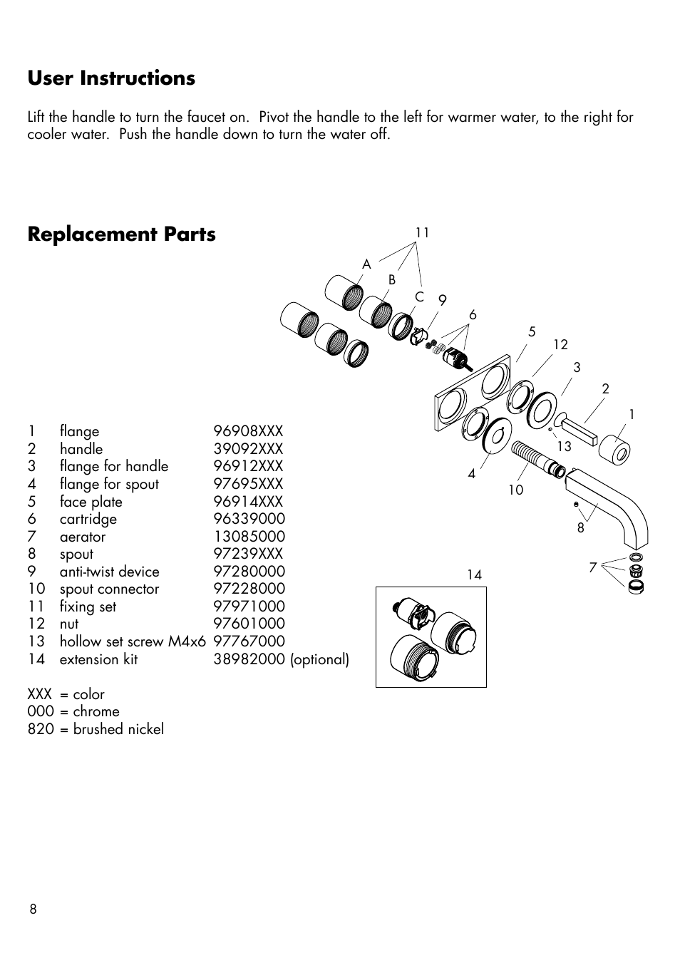 User instructions, Replacement parts | Factory Direct Hardware Hansgrohe 39116 User Manual | Page 8 / 12