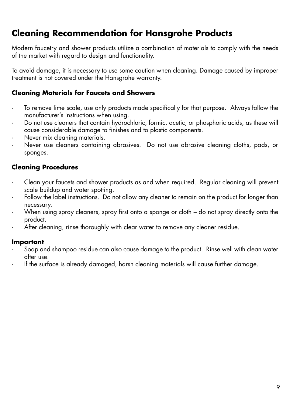Cleaning recommendation for hansgrohe products | Factory Direct Hardware Hansgrohe 39116 User Manual | Page 9 / 12