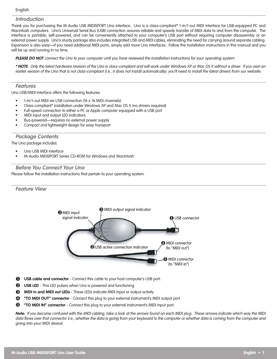 Introduction, Features, Package contents | Before you connect your uno, Feature view | M-AUDIO MIDISPORT Uno USB User Manual | Page 2 / 6