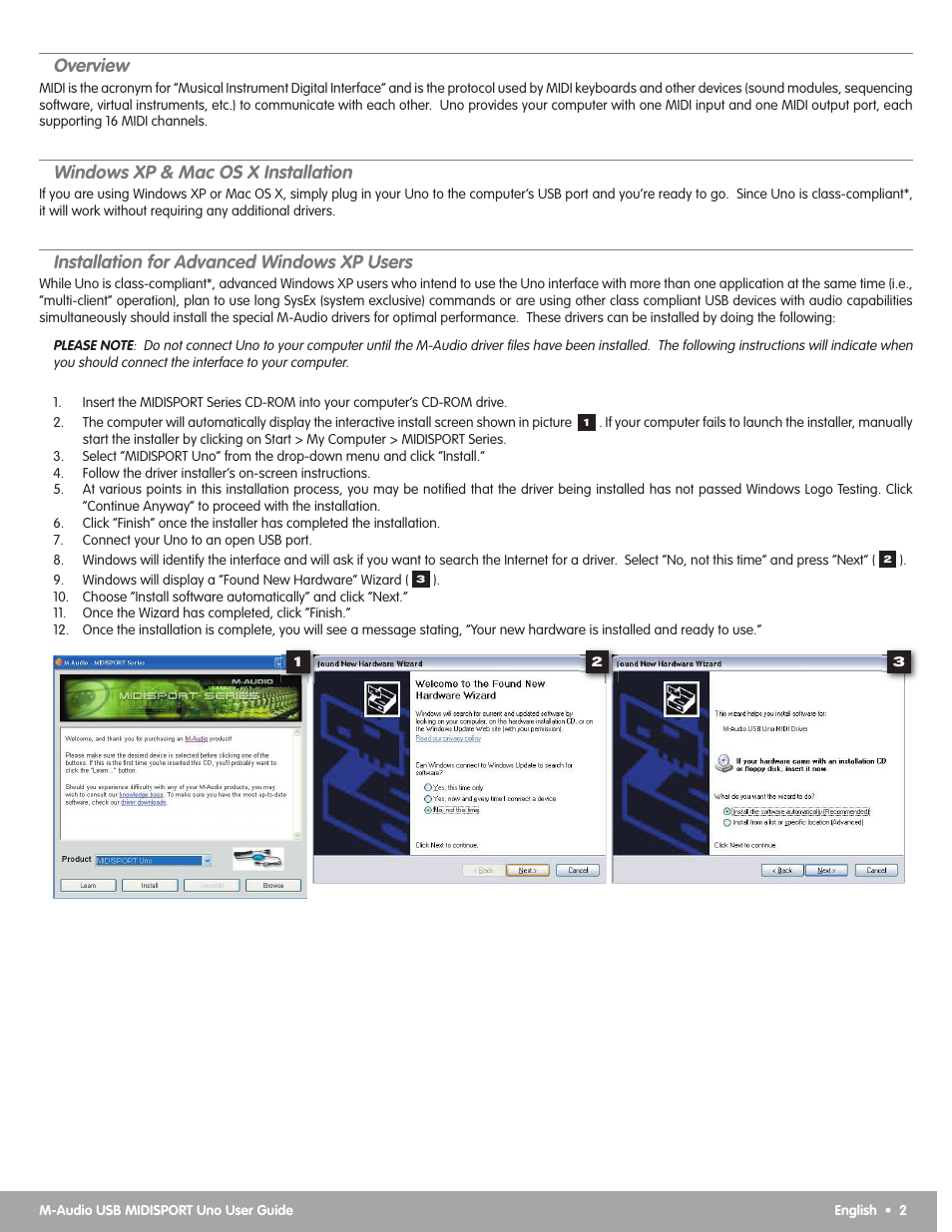 Overview, Windows xp & mac os x installation, Installation for advanced windows xp users | M-AUDIO MIDISPORT Uno USB User Manual | Page 3 / 6