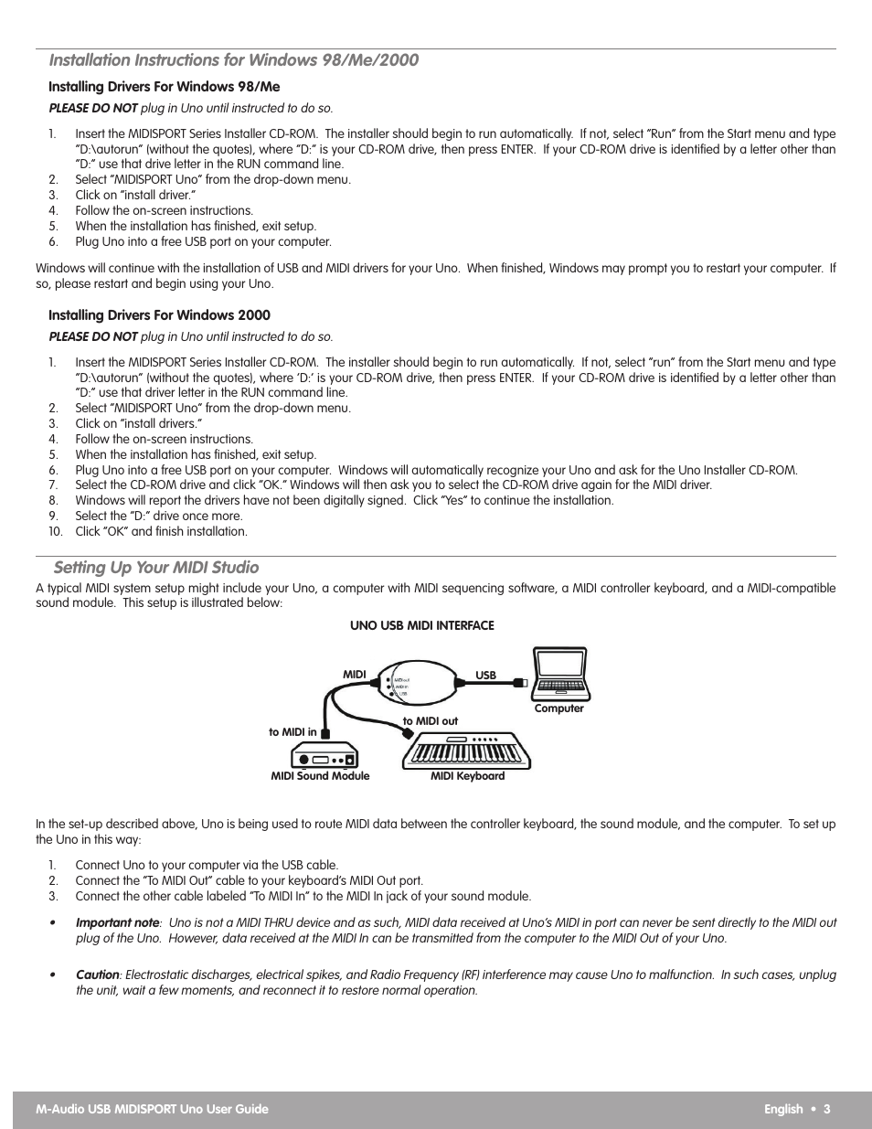 Installation instructions for windows 98/me/2000, Setting up your midi studio | M-AUDIO MIDISPORT Uno USB User Manual | Page 4 / 6
