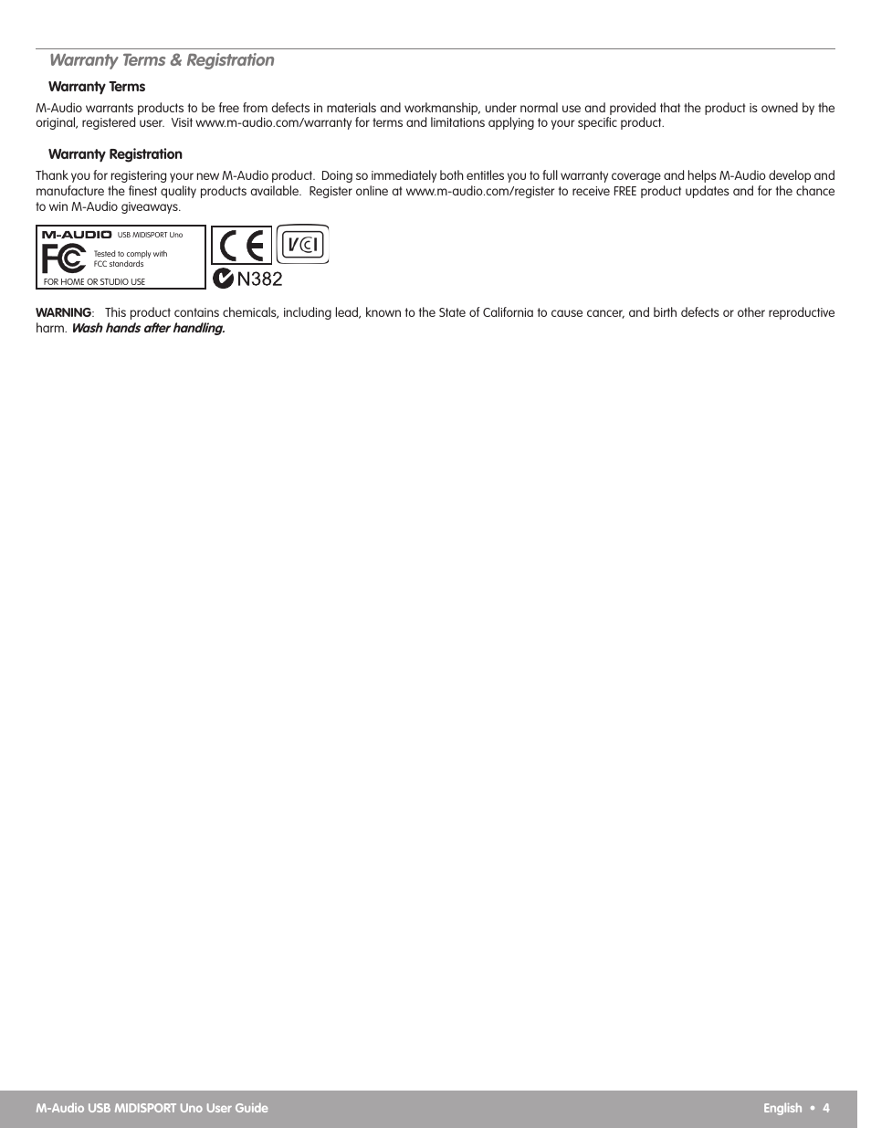 Warranty terms & registration | M-AUDIO MIDISPORT Uno USB User Manual | Page 5 / 6