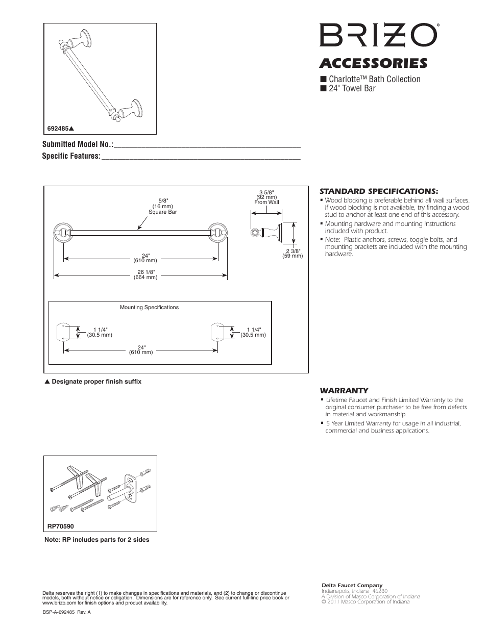 Factory Direct Hardware Brizo 692485 Charlotte User Manual | 1 page