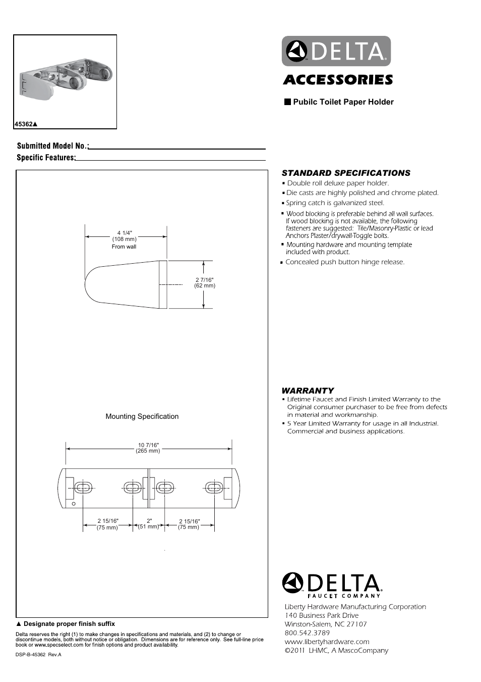 Factory Direct Hardware Delta 45362 User Manual | 1 page