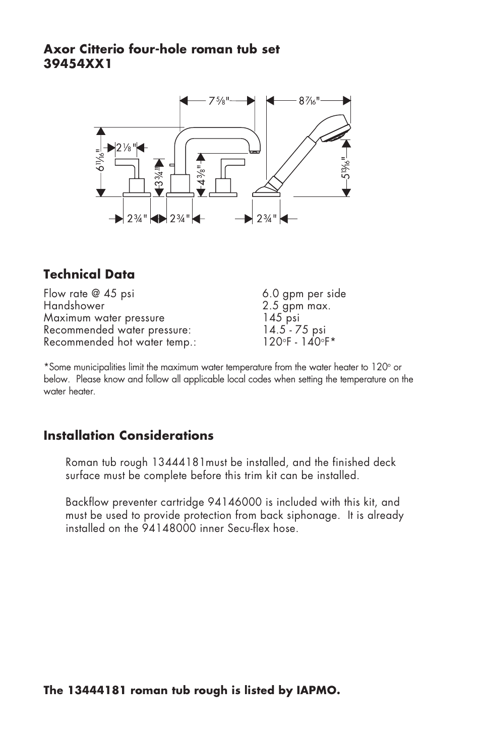 Installation considerations | Factory Direct Hardware Hansgrohe 39454 Axor Citterio User Manual | Page 2 / 12