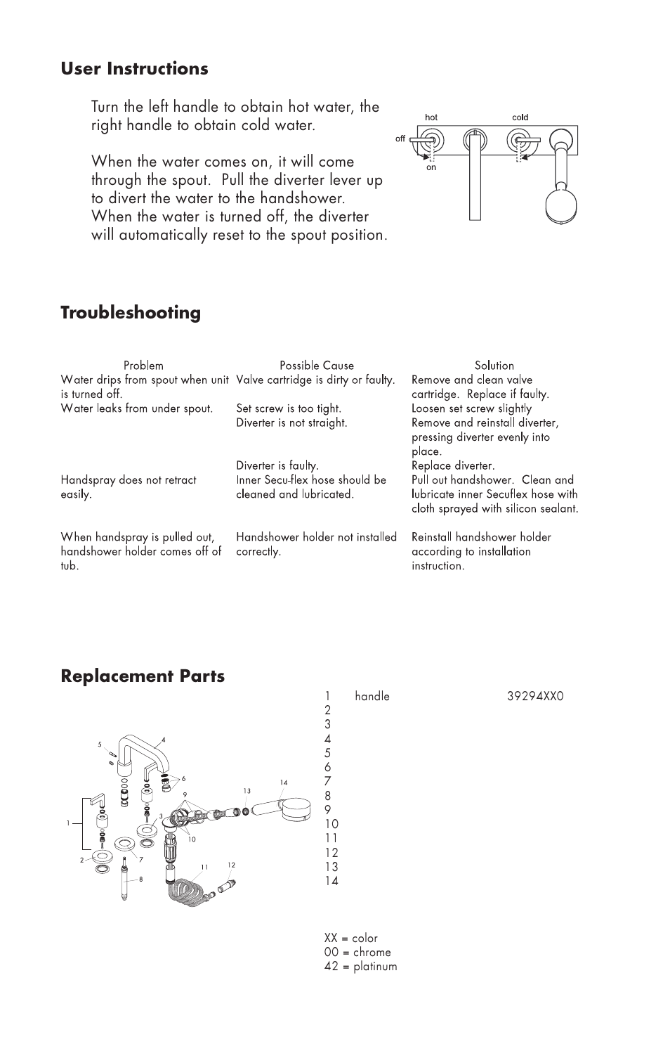 User instructions, Troubleshooting replacement parts | Factory Direct Hardware Hansgrohe 39454 Axor Citterio User Manual | Page 8 / 12