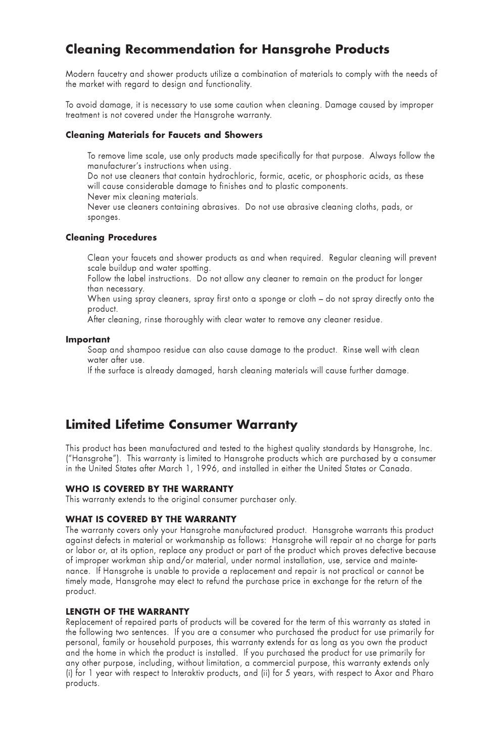 Cleaning recommendation for hansgrohe products, Limited lifetime consumer warranty | Factory Direct Hardware Hansgrohe 39454 Axor Citterio User Manual | Page 9 / 12