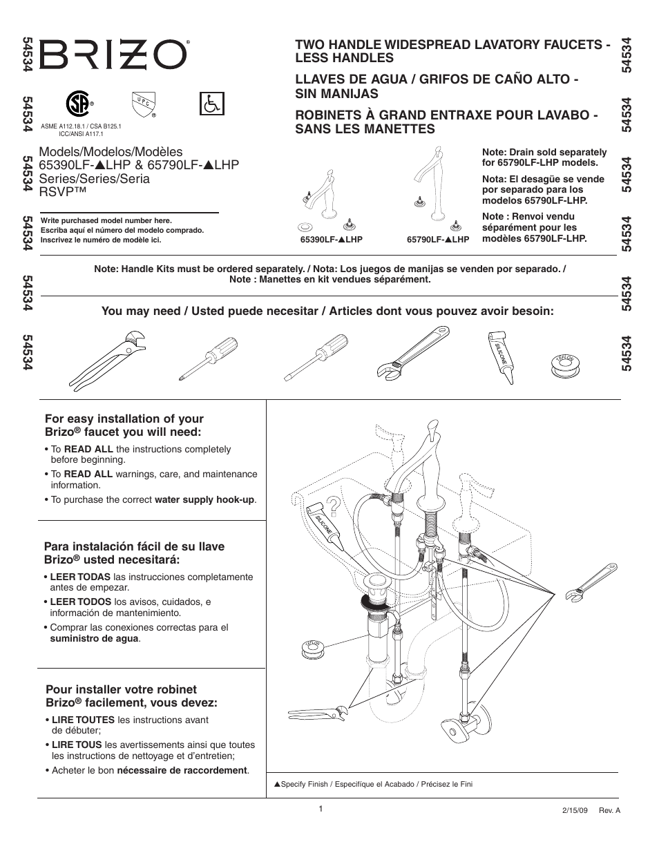 Factory Direct Hardware Brizo 65390LF-LHP RSVP User Manual | 8 pages