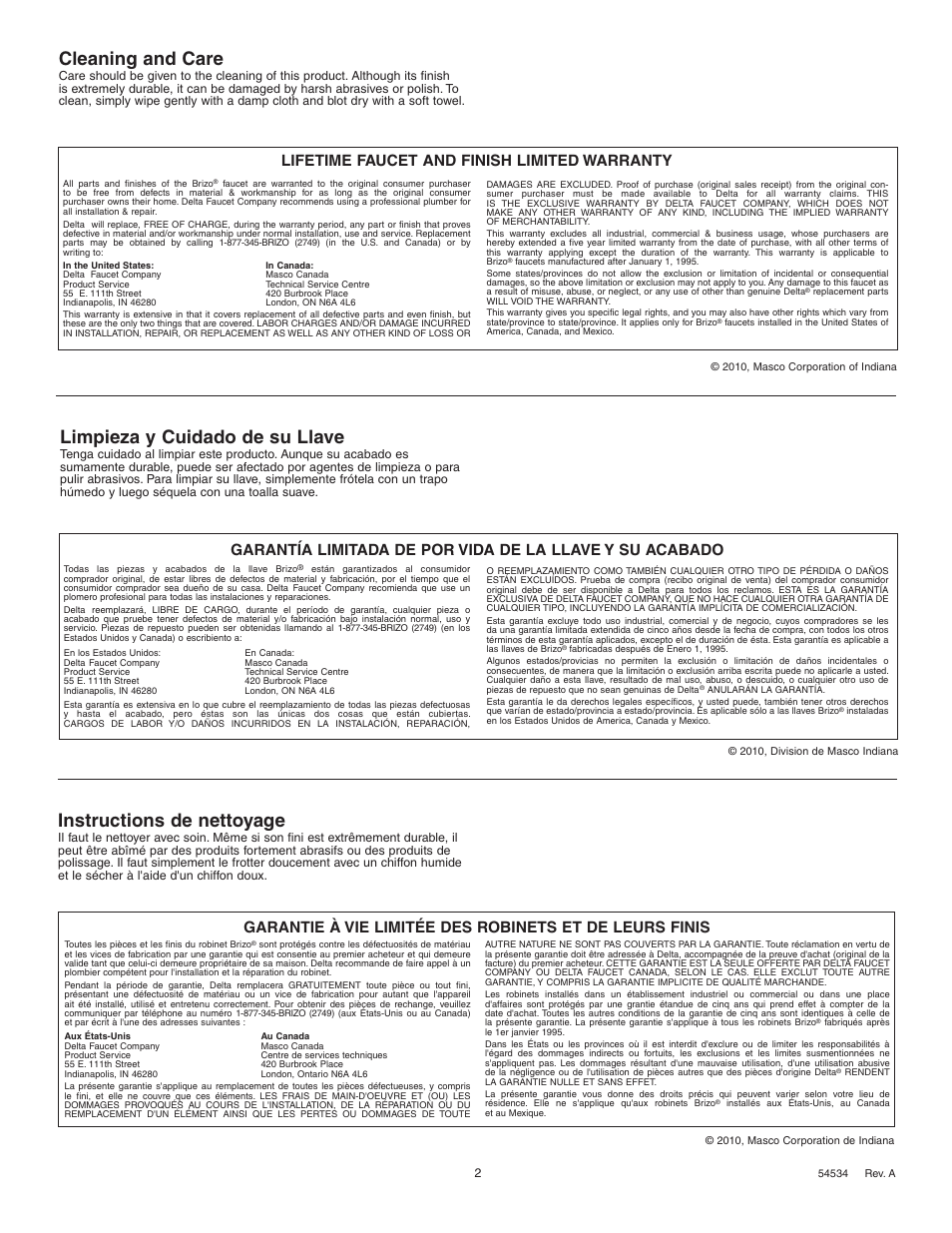 Cleaning and care, Instructions de nettoyage, Limpieza y cuidado de su llave | Lifetime faucet and finish limited warranty | Factory Direct Hardware Brizo 65390LF-LHP RSVP User Manual | Page 2 / 8