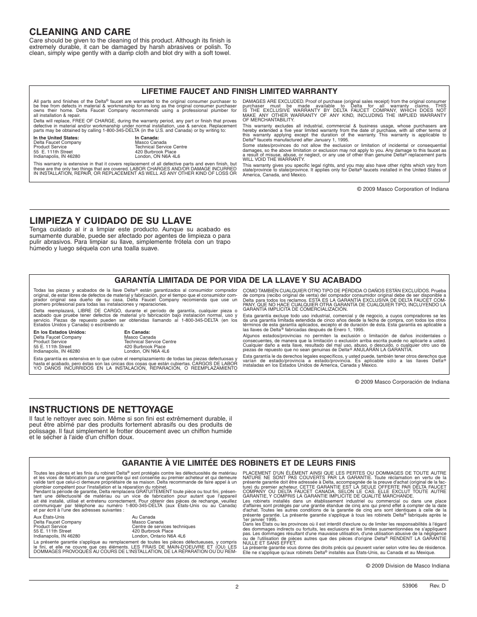 Cleaning and care, Instructions de nettoyage, Limpieza y cuidado de su llave | Lifetime faucet and finish limited warranty | Factory Direct Hardware Delta 3578LF-278 User Manual | Page 2 / 8