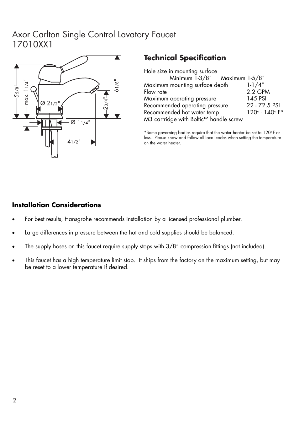Technical specification | Factory Direct Hardware Hansgrohe 17010 User Manual | Page 2 / 8