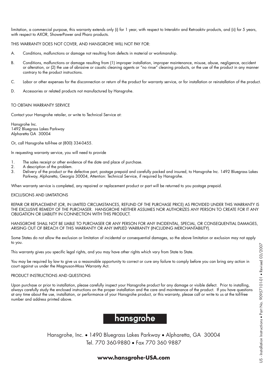 Factory Direct Hardware Hansgrohe 17010 User Manual | Page 8 / 8