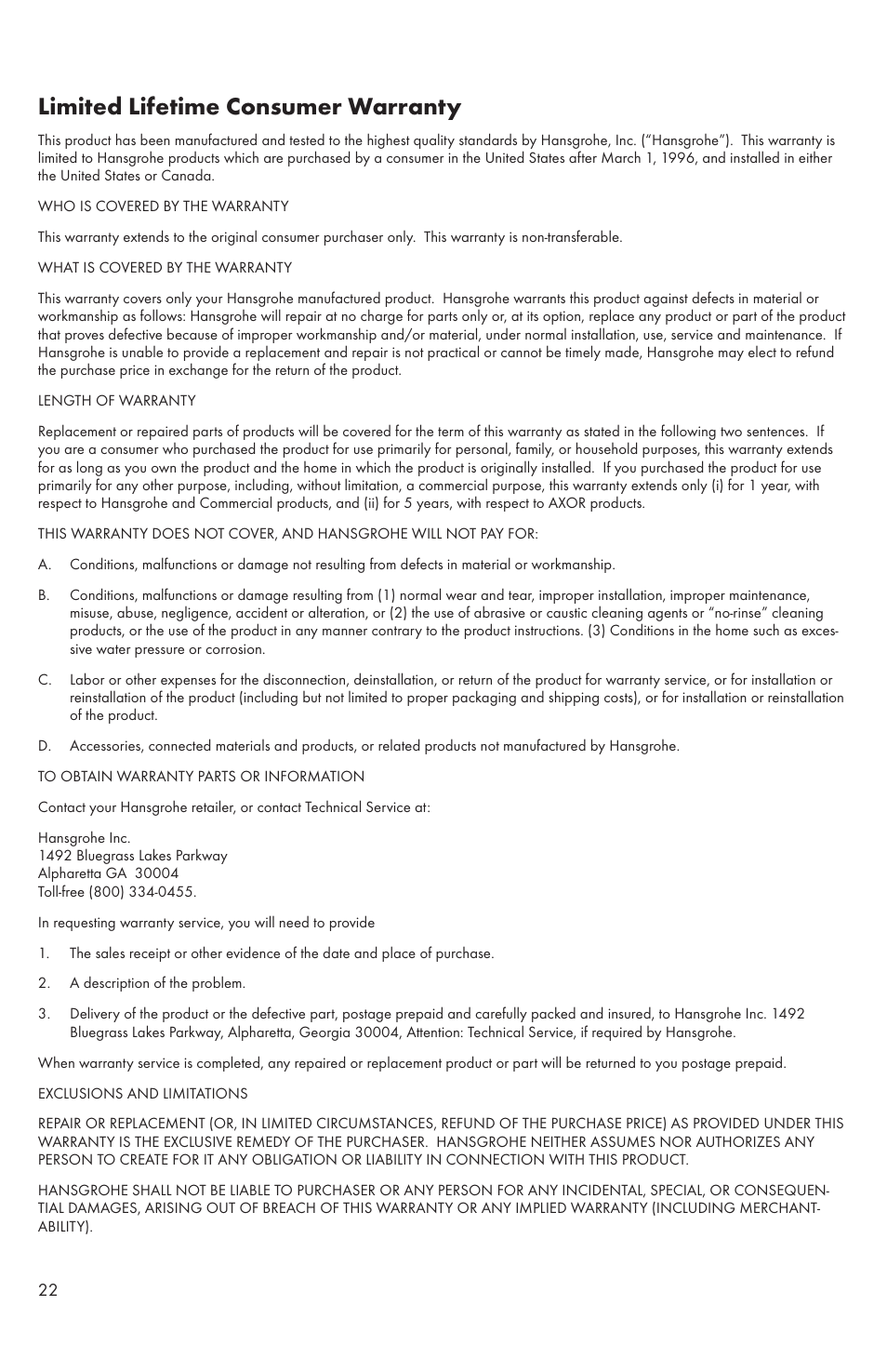 Limited lifetime consumer warranty | Factory Direct Hardware Hansgrohe 31077 User Manual | Page 22 / 24