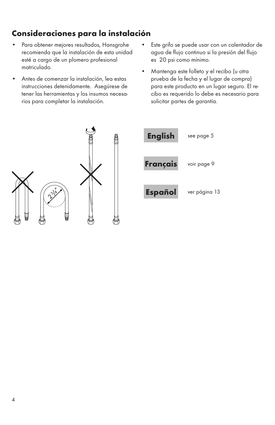 Consideraciones para la instalación, English, Français | Español | Factory Direct Hardware Hansgrohe 31077 User Manual | Page 4 / 24