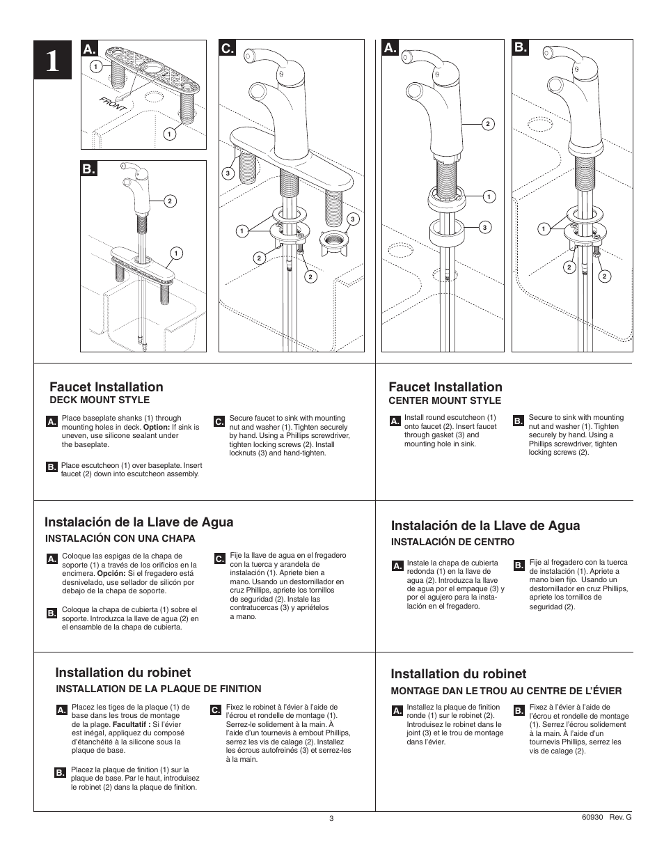 B. c, Faucet installation, Instalación de la llave de agua | Installation du robinet | Factory Direct Hardware Delta 16927-DST Debonair User Manual | Page 3 / 12