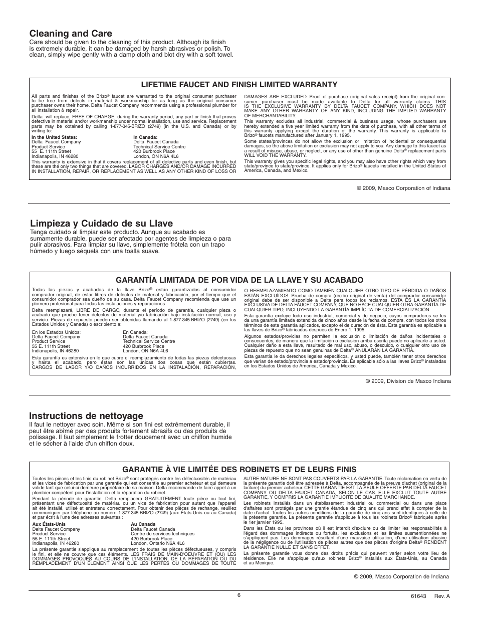 Cleaning and care, Instructions de nettoyage, Limpieza y cuidado de su llave | Lifetime faucet and finish limited warranty | Factory Direct Hardware Brizo 65136LF User Manual | Page 6 / 6
