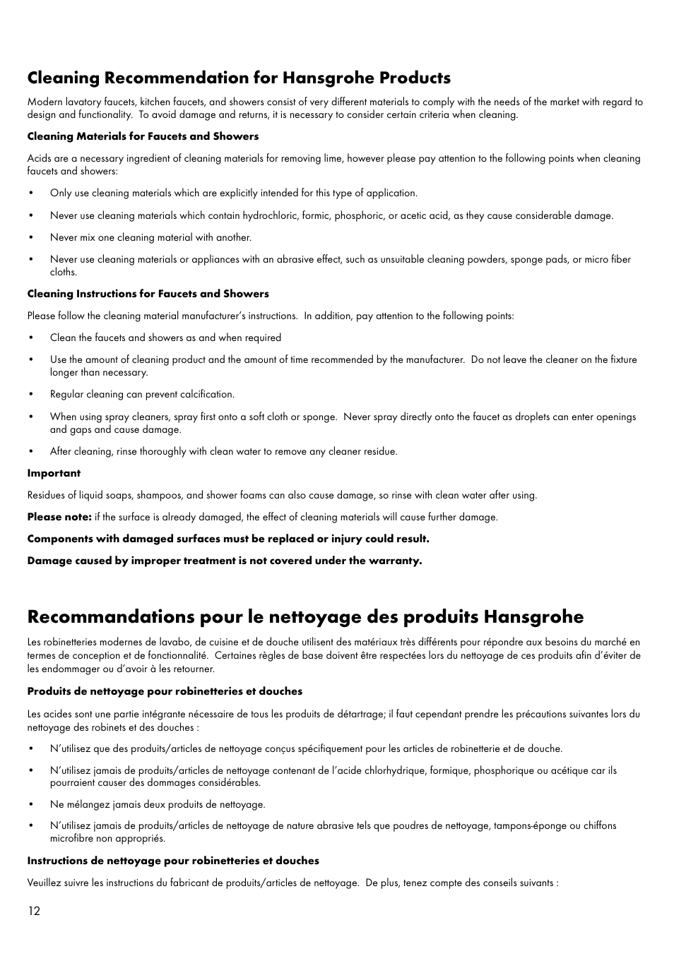 Cleaning recommendation for hansgrohe products | Factory Direct Hardware Hansgrohe 11024 User Manual | Page 12 / 16
