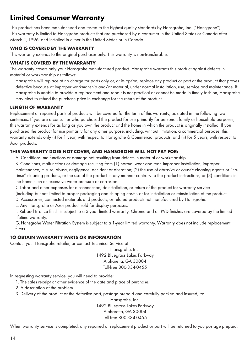 Limited consumer warranty | Factory Direct Hardware Hansgrohe 11024 User Manual | Page 14 / 16