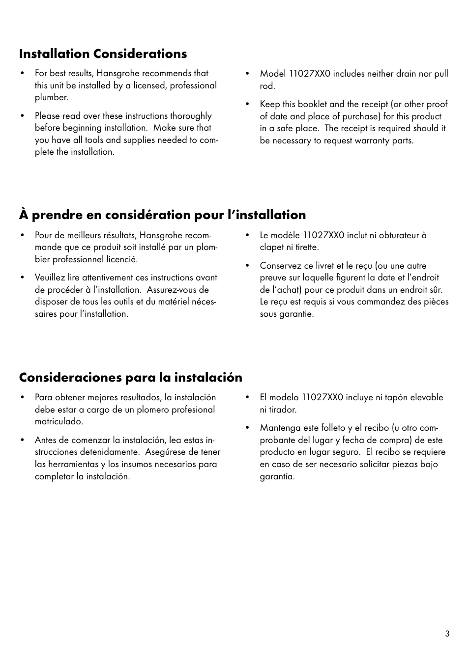 Consideraciones para la instalación, À prendre en considération pour l’installation, Installation considerations | Factory Direct Hardware Hansgrohe 11024 User Manual | Page 3 / 16