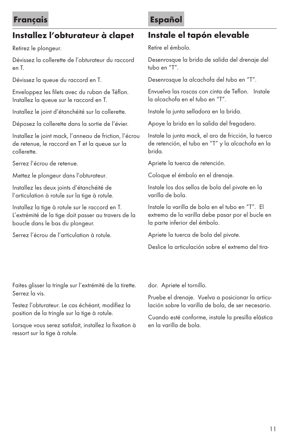 Français español installez l’obturateur à clapet, Instale el tapón elevable | Factory Direct Hardware Hansgrohe 14116 User Manual | Page 11 / 20
