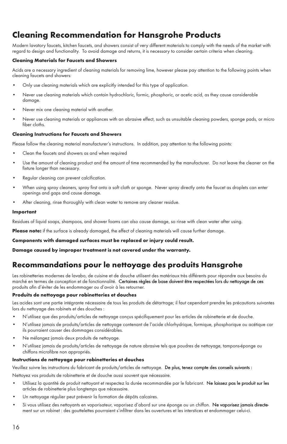 Cleaning recommendation for hansgrohe products | Factory Direct Hardware Hansgrohe 14116 User Manual | Page 16 / 20