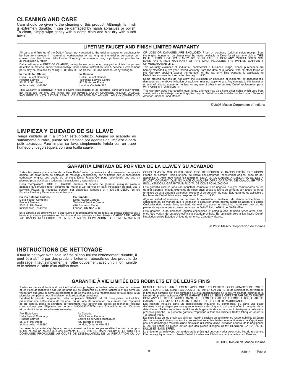 Cleaning and care, Instructions de nettoyage, Limpieza y cuidado de su llave | Lifetime faucet and finish limited warranty | Factory Direct Hardware Delta 583LF-WF User Manual | Page 6 / 6