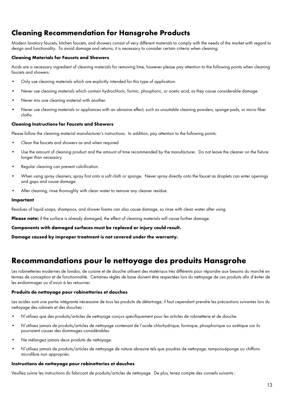 Cleaning recommendation for hansgrohe products | Factory Direct Hardware Hansgrohe 11043 User Manual | Page 13 / 16
