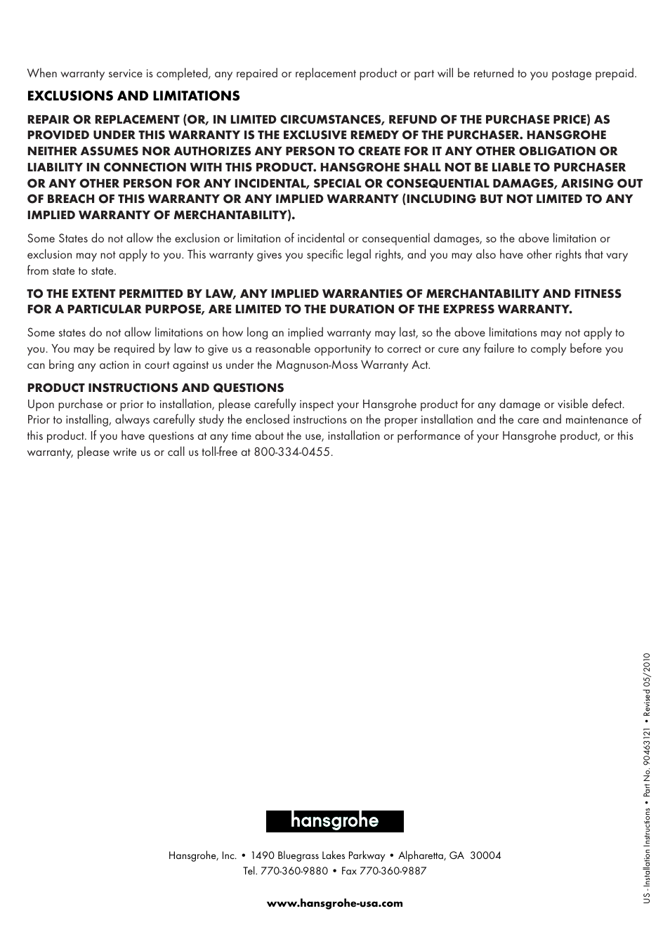 Exclusions and limitations | Factory Direct Hardware Hansgrohe 11043 User Manual | Page 16 / 16