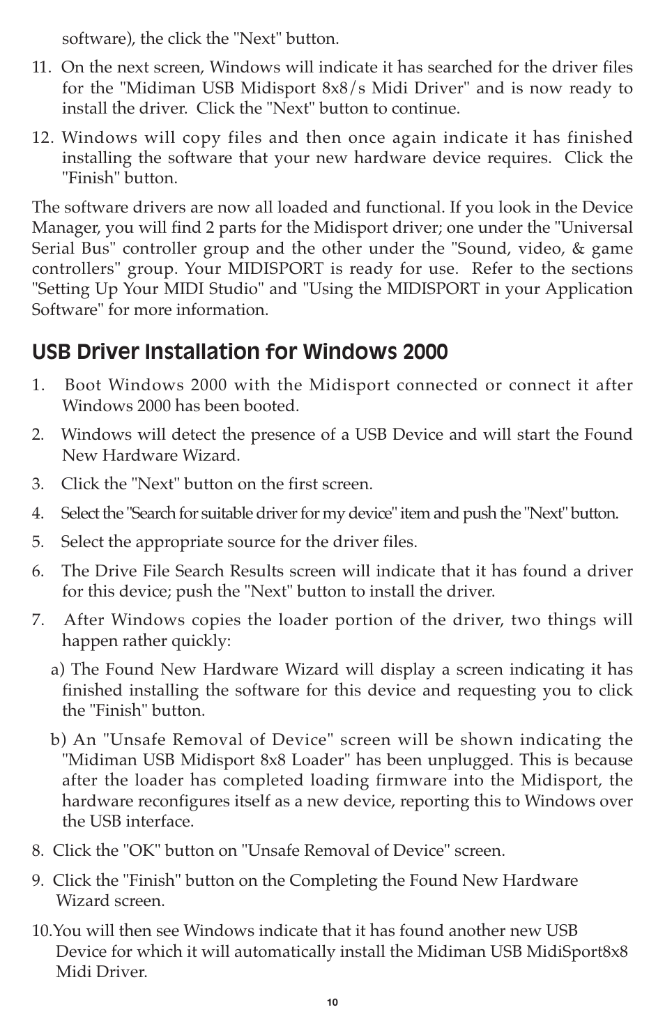 Usb driver installation for windows 2000 | M-AUDIO MIDISPORT 8x8/s User Manual | Page 10 / 52