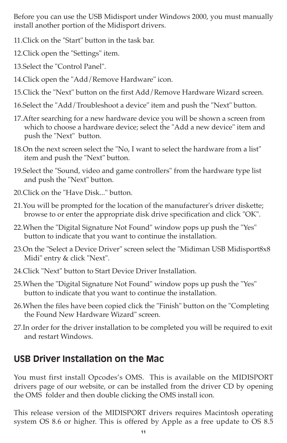 Usb driver installation on the mac | M-AUDIO MIDISPORT 8x8/s User Manual | Page 11 / 52