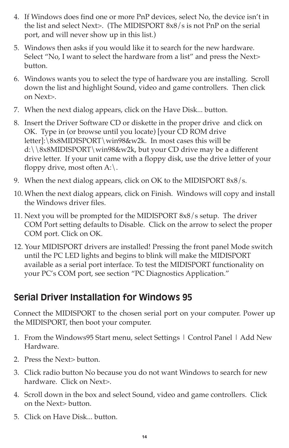 Serial driver installation for windows 95 | M-AUDIO MIDISPORT 8x8/s User Manual | Page 14 / 52