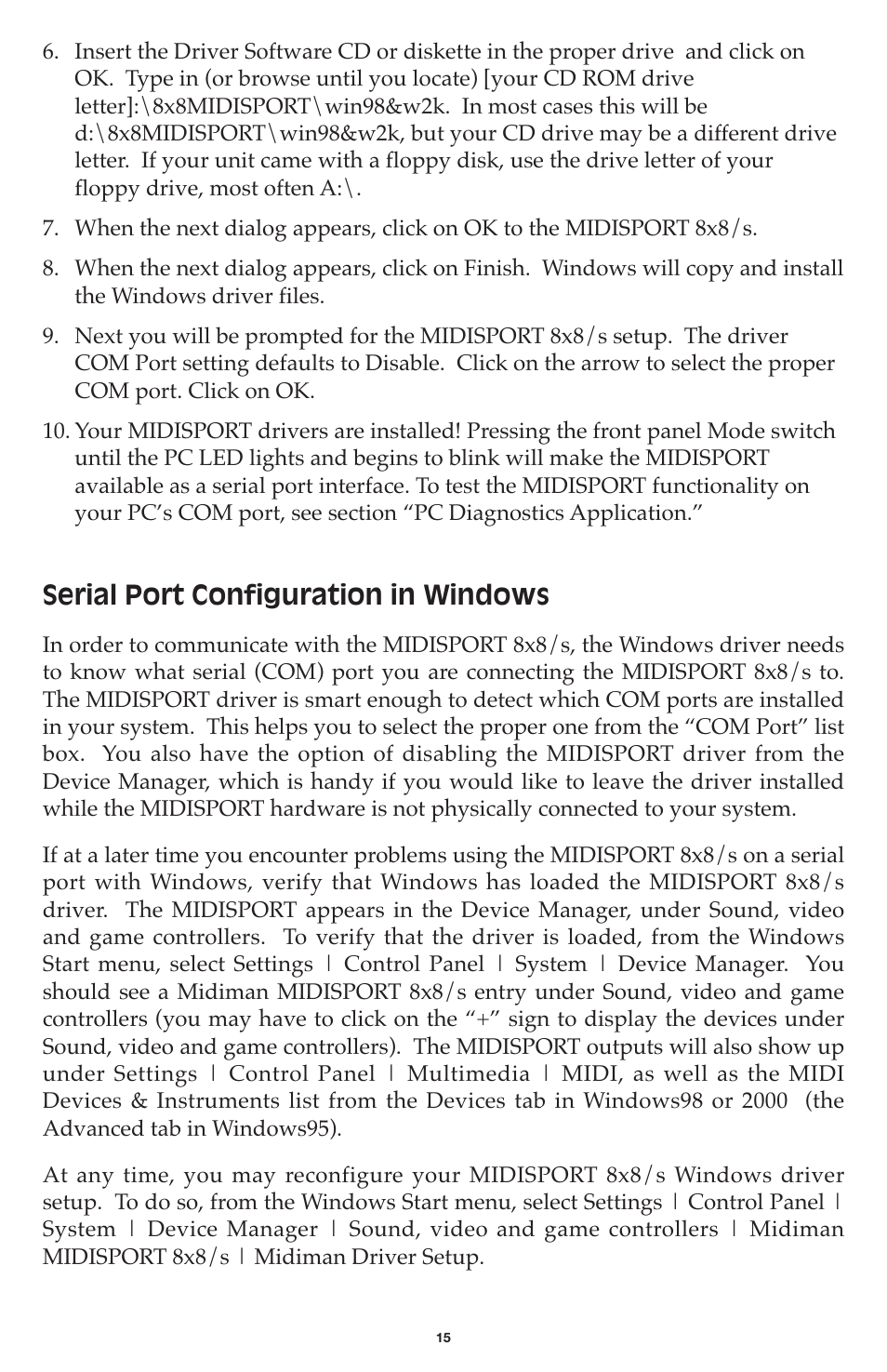 Serial port configuration in windows | M-AUDIO MIDISPORT 8x8/s User Manual | Page 15 / 52