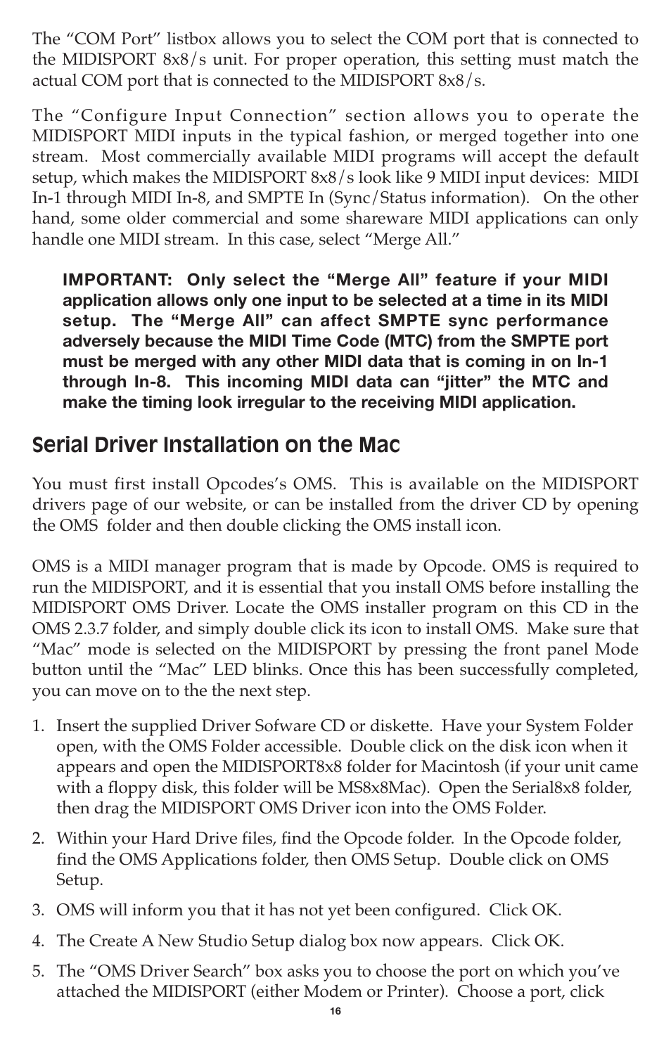 Serial driver installation on the mac | M-AUDIO MIDISPORT 8x8/s User Manual | Page 16 / 52