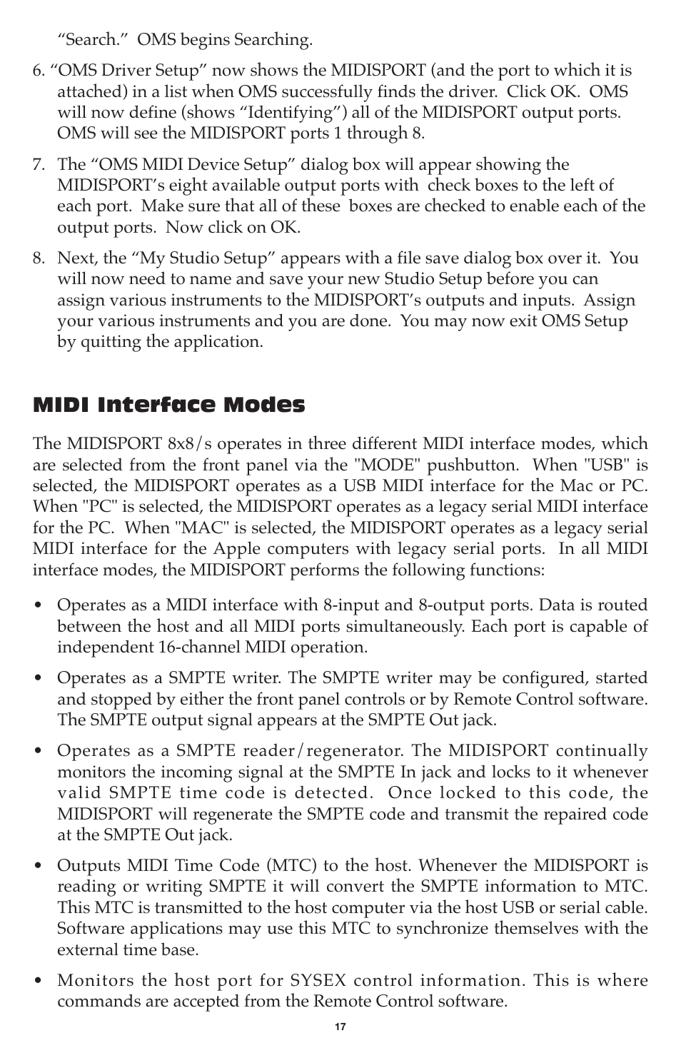 Midi interface modes | M-AUDIO MIDISPORT 8x8/s User Manual | Page 17 / 52