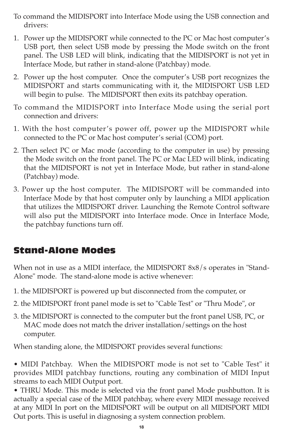 Stand-alone modes | M-AUDIO MIDISPORT 8x8/s User Manual | Page 18 / 52