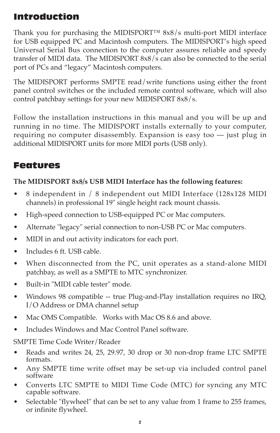 Introduction, Features | M-AUDIO MIDISPORT 8x8/s User Manual | Page 2 / 52