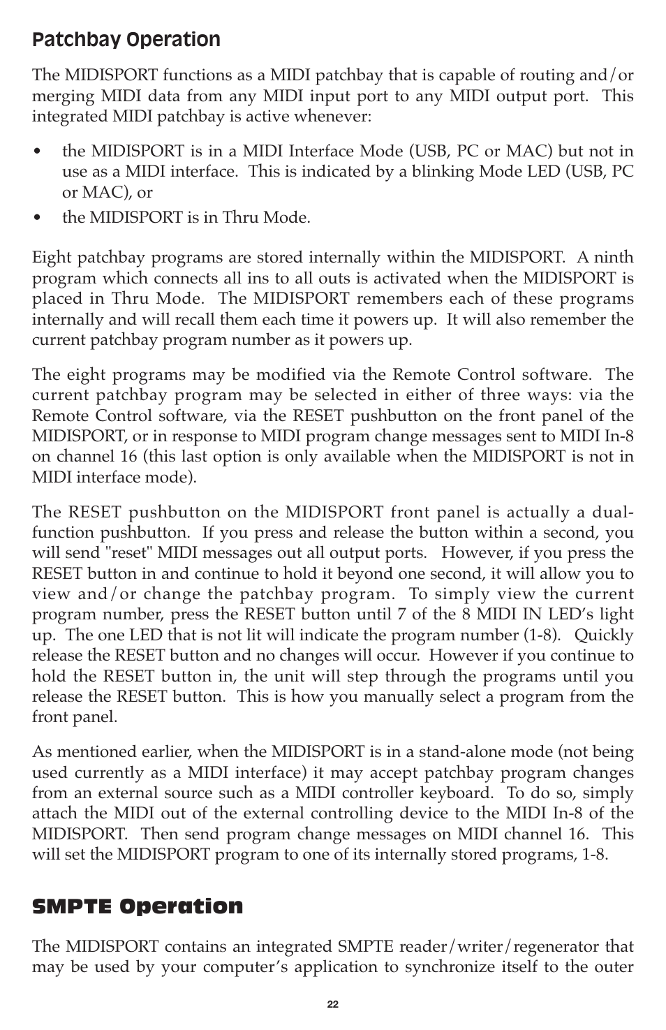 Smpte operation | M-AUDIO MIDISPORT 8x8/s User Manual | Page 22 / 52