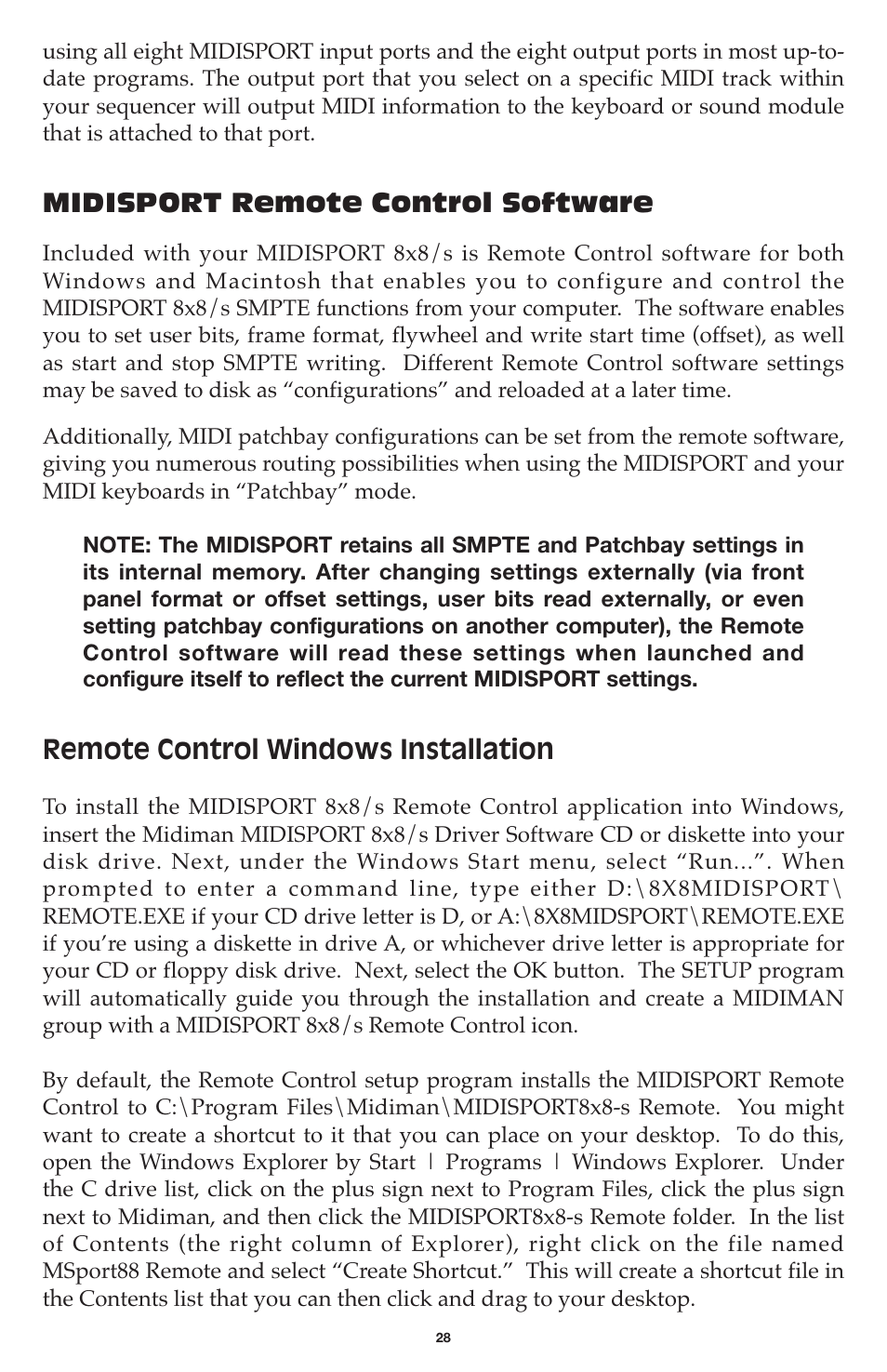 Midisport remote control software, Remote control windows installation | M-AUDIO MIDISPORT 8x8/s User Manual | Page 28 / 52