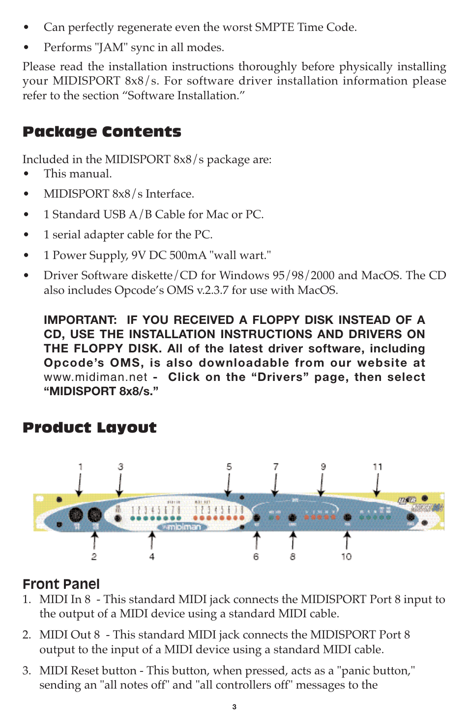 Package contents, Product layout | M-AUDIO MIDISPORT 8x8/s User Manual | Page 3 / 52