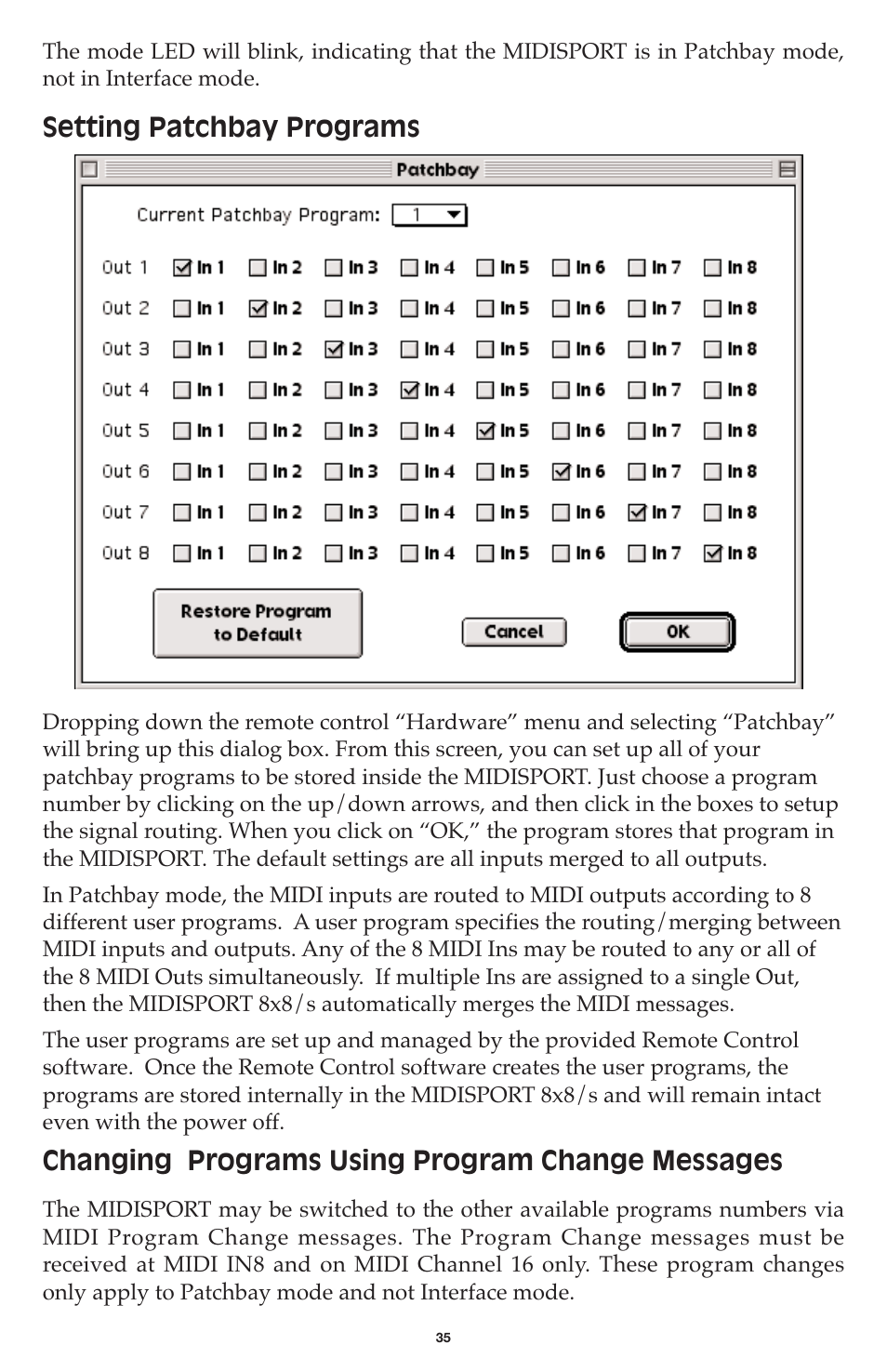 Setting patchbay programs, Changing programs using program change messages | M-AUDIO MIDISPORT 8x8/s User Manual | Page 35 / 52