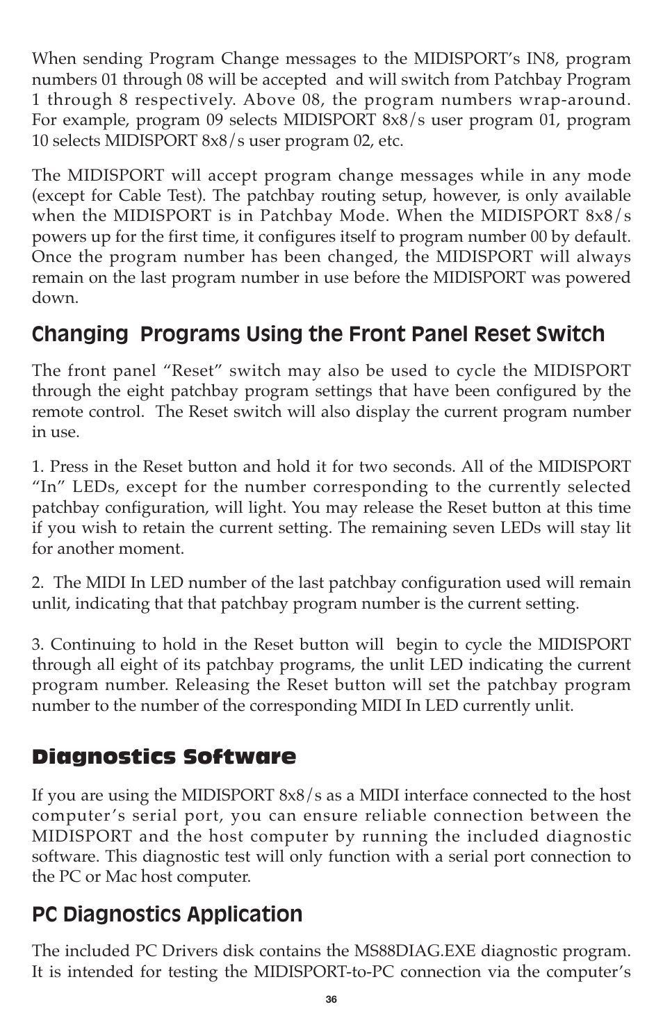 Diagnostics software, Pc diagnostics application | M-AUDIO MIDISPORT 8x8/s User Manual | Page 36 / 52