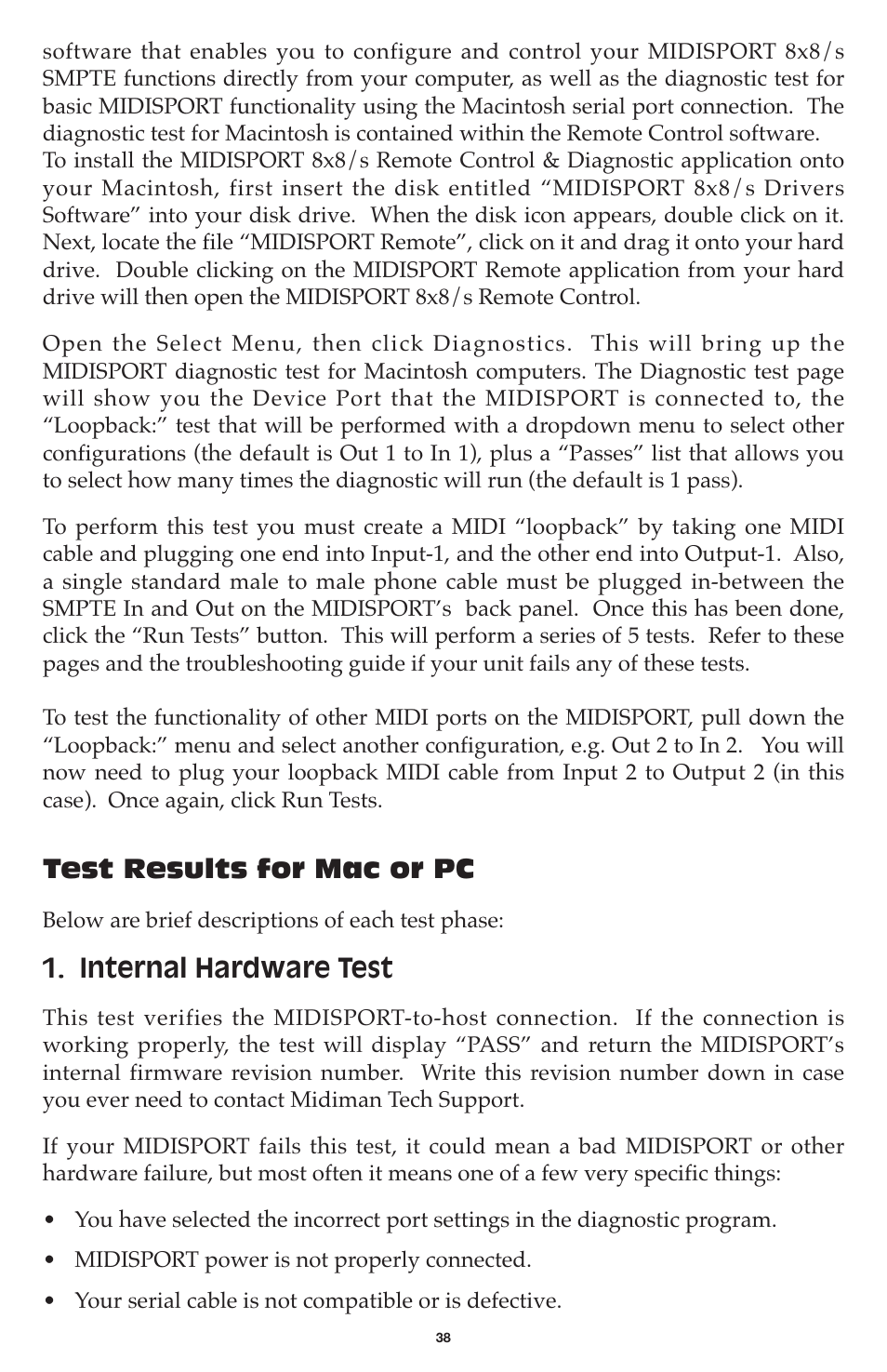 Test results for mac or pc, Internal hardware test | M-AUDIO MIDISPORT 8x8/s User Manual | Page 38 / 52