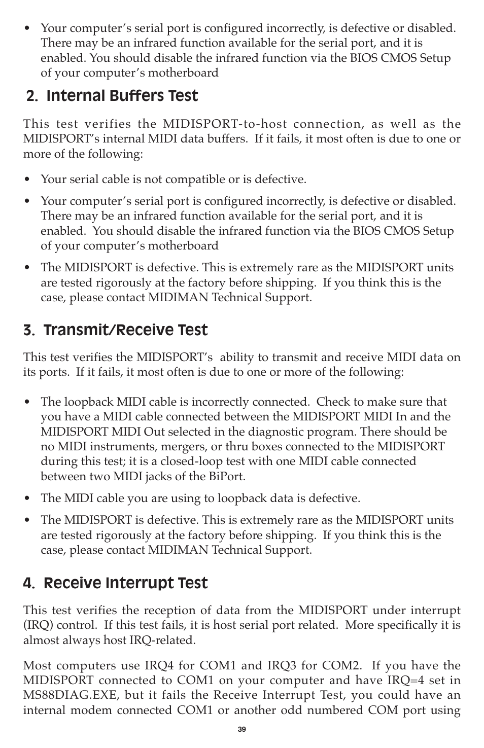 Internal buffers test, Transmit/receive test, Receive interrupt test | M-AUDIO MIDISPORT 8x8/s User Manual | Page 39 / 52