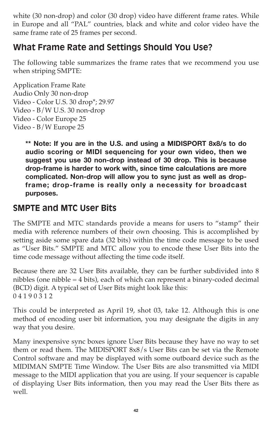 What frame rate and settings should you use, Smpte and mtc user bits | M-AUDIO MIDISPORT 8x8/s User Manual | Page 42 / 52