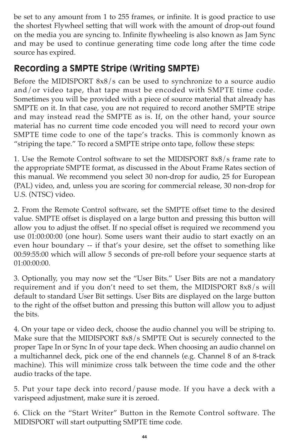 Recording a smpte stripe (writing smpte) | M-AUDIO MIDISPORT 8x8/s User Manual | Page 44 / 52